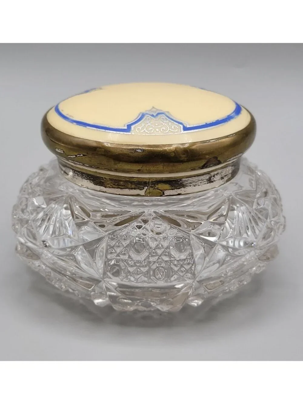 Vanity Jar Art Deco EAPG Clear Glass Celluloid Metal Lid Victorian Dresser Jar
